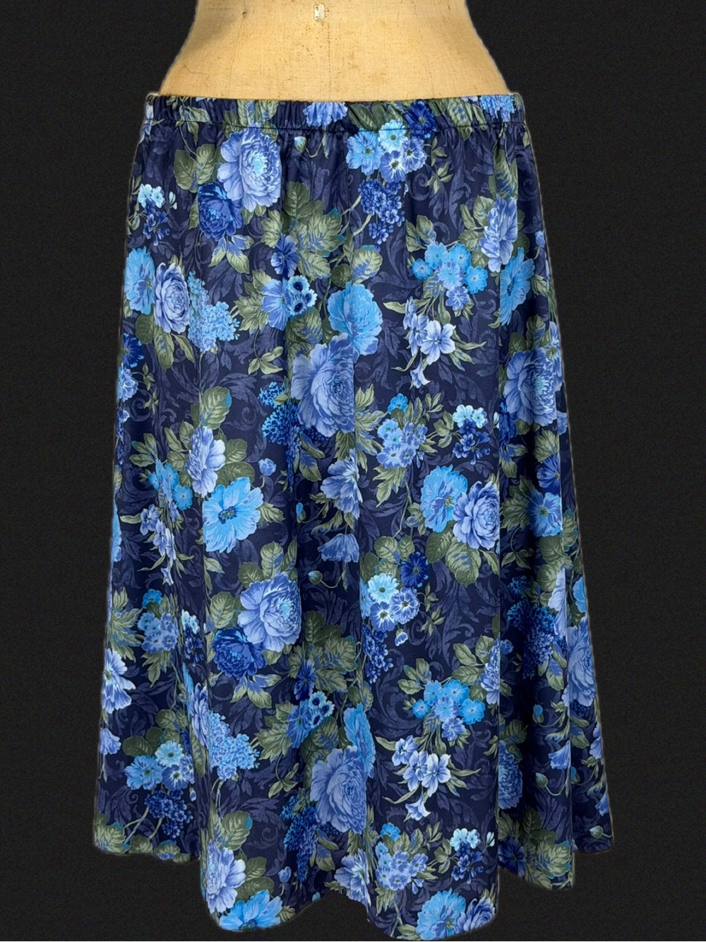 VINTAGE midnight garden blue moody flower skirt‎ midi elastic waist floral rose
